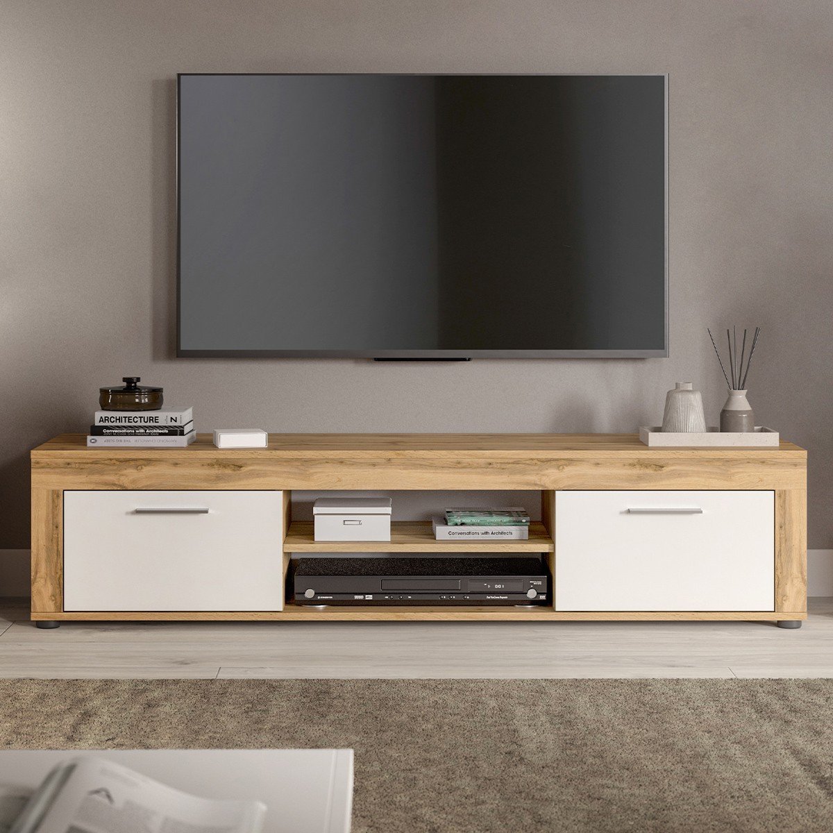Meuble TV 2 portes abattantes et 2 niches blanc et chêne wotan L160 cm - AOSTA blanc, CALICOSY