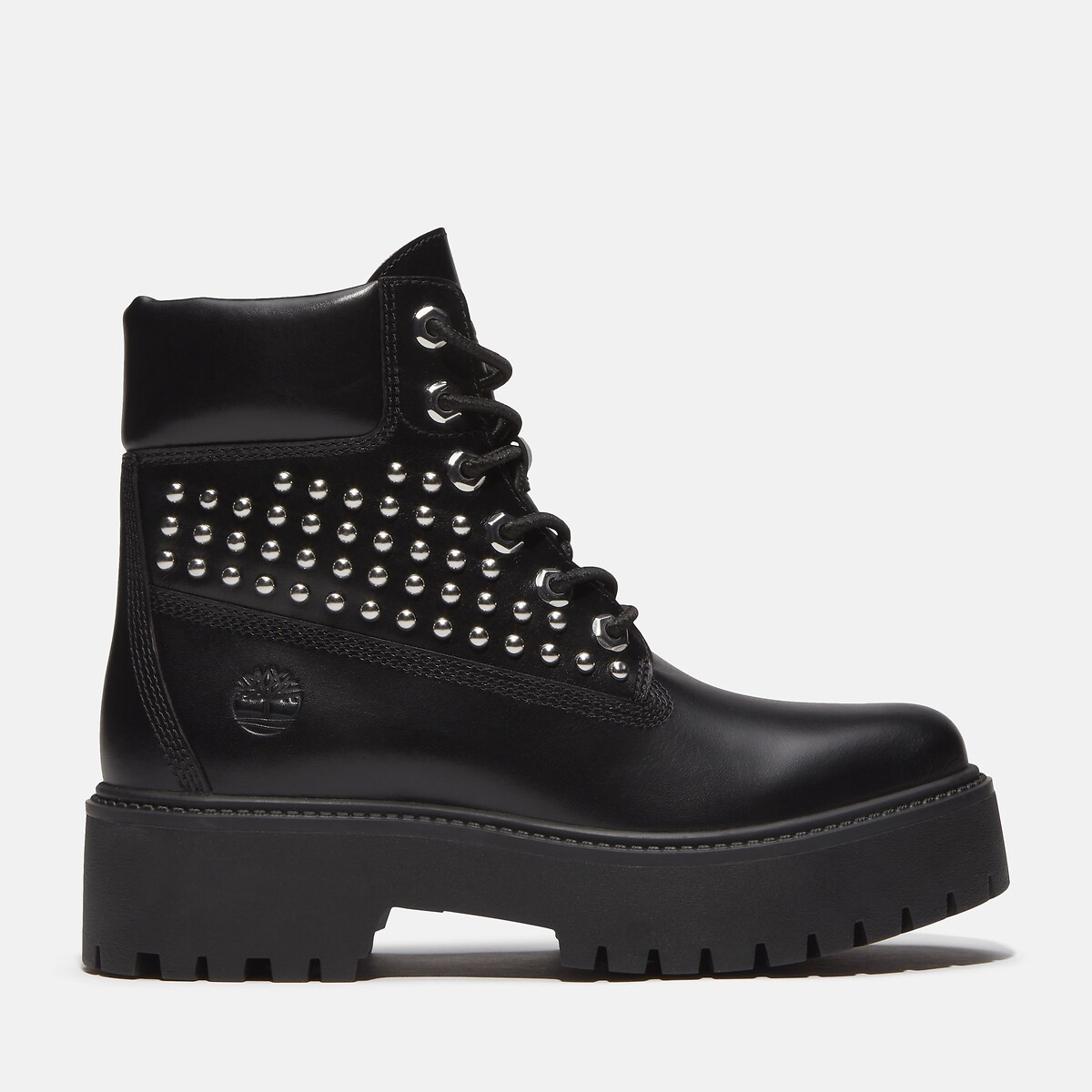 Stivaletti con zeppa e lacci, in pelle, con borchie, STONE STREET MID 6 INCH LACE nero , TIMBERLAND