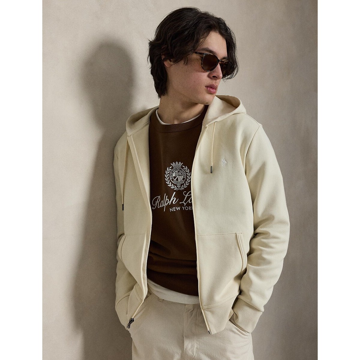 Sweat zippé à capuche, en maille double beige, POLO RALPH LAUREN