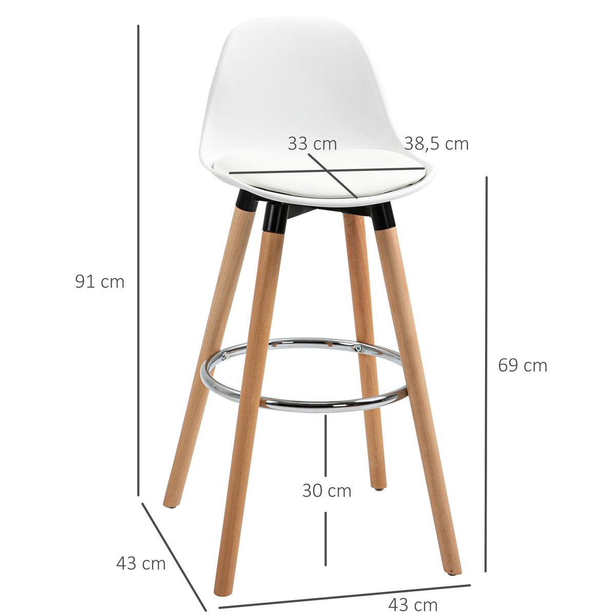 Tabouret de bar PU Blanc blanc, bois clair, HOMCOM