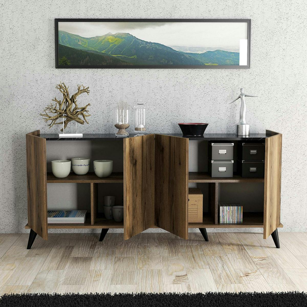 Buffet 4 portes à rebord haut UMEA noyer / marbre, PIER IMPORT