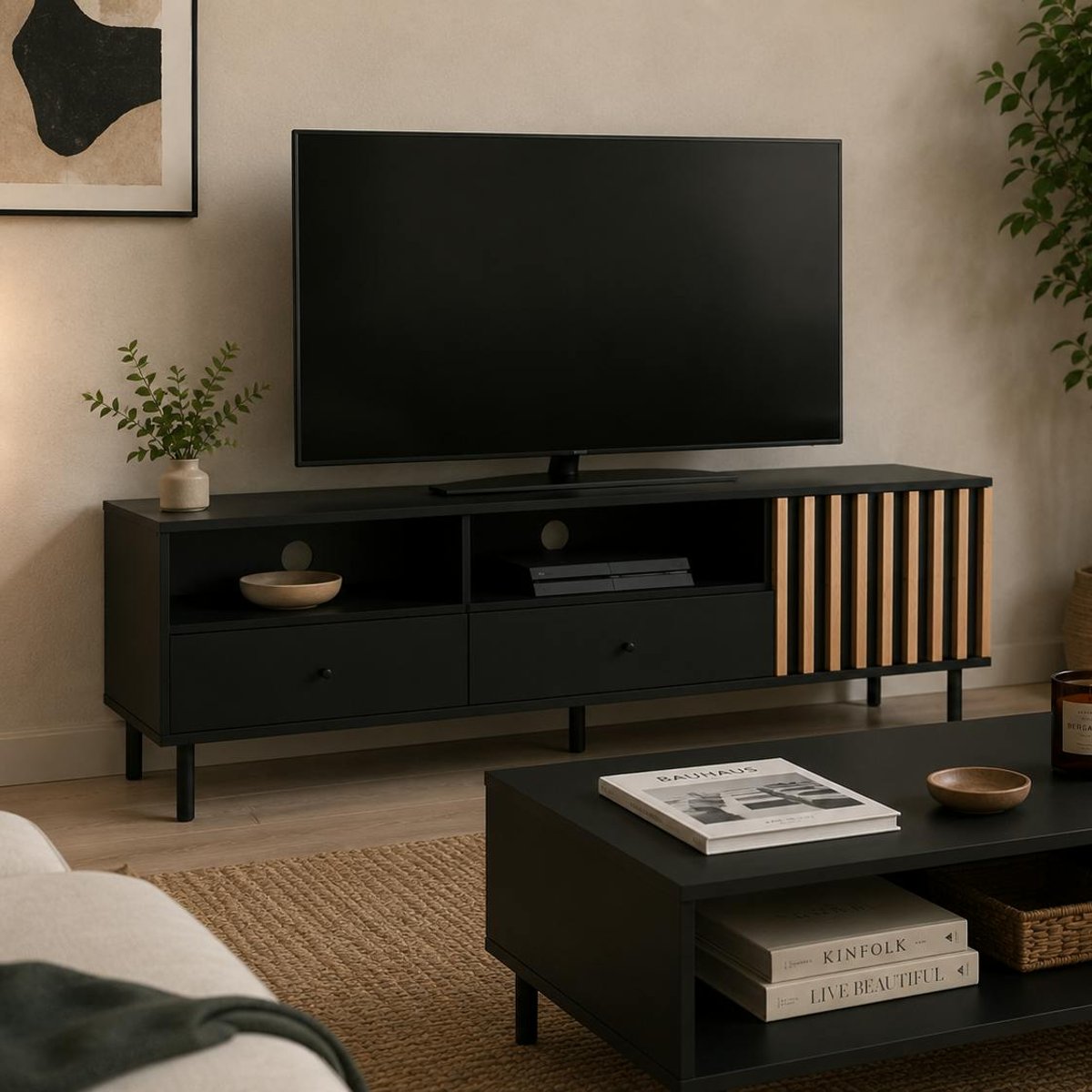 Meuble TV noir décor bois 1 porte 2 tiroirs NOREN noir, PIER IMPORT