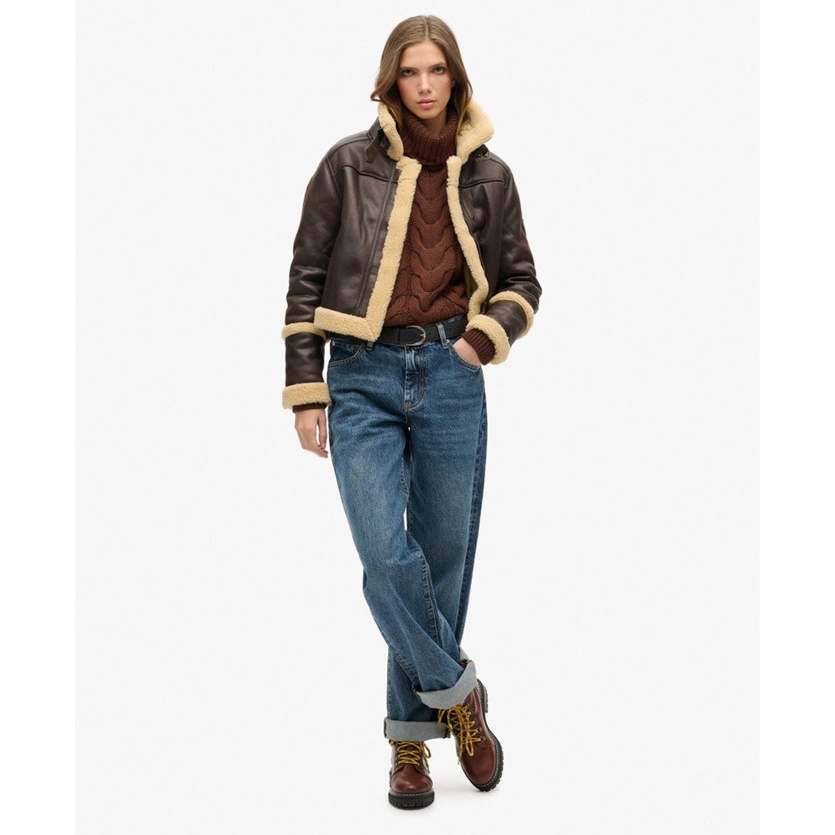 Pull polo en maille torsadée avec chaîne café chicorée marron twist, SUPERDRY