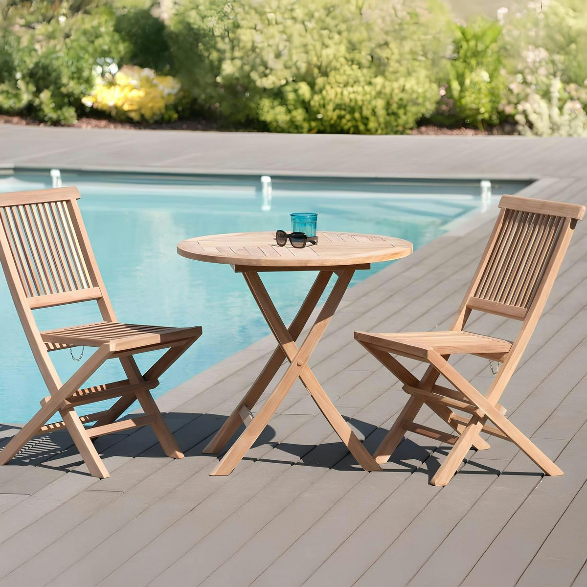 Table de jardin ronde pliante en bois de teck massif 80cm SUMMER 2 personnes bois naturel, PIER IMPORT