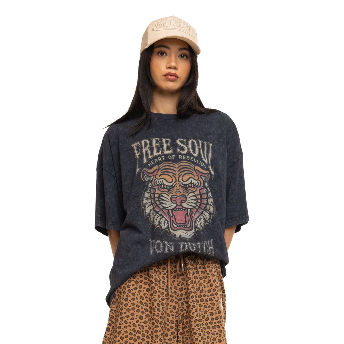 Tee Shirt en coton Tiger noir/orange/beige, VON DUTCH