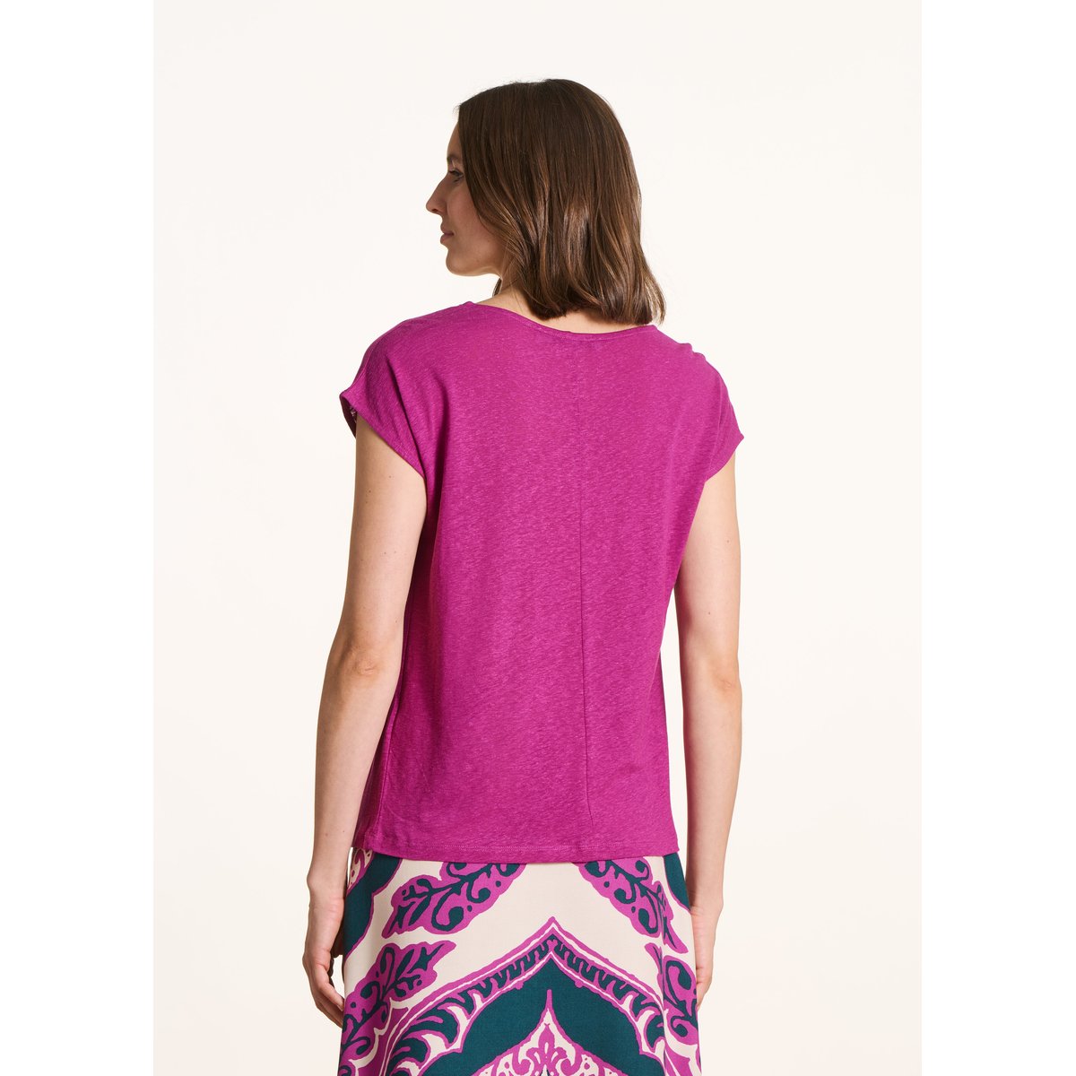 T-shirt droit en lyocell et lin à col rond fushia, LA FEE MARABOUTEE