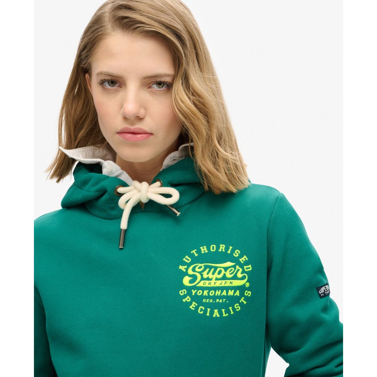 Sweat à capuche à motif brodé fluo vert tempête, SUPERDRY