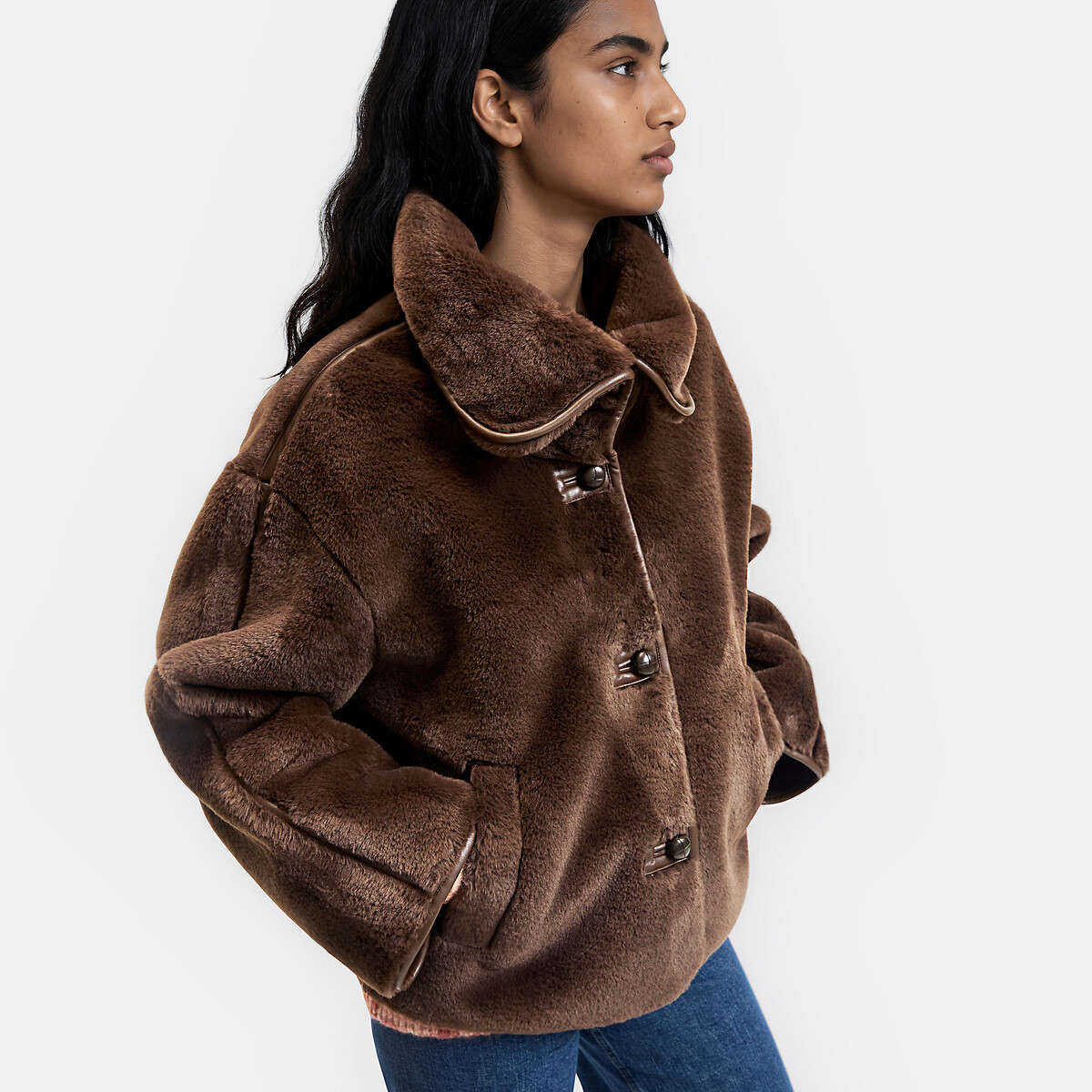 Manteau court duveteux, à col montant marron, LA REDOUTE COLLECTIONS