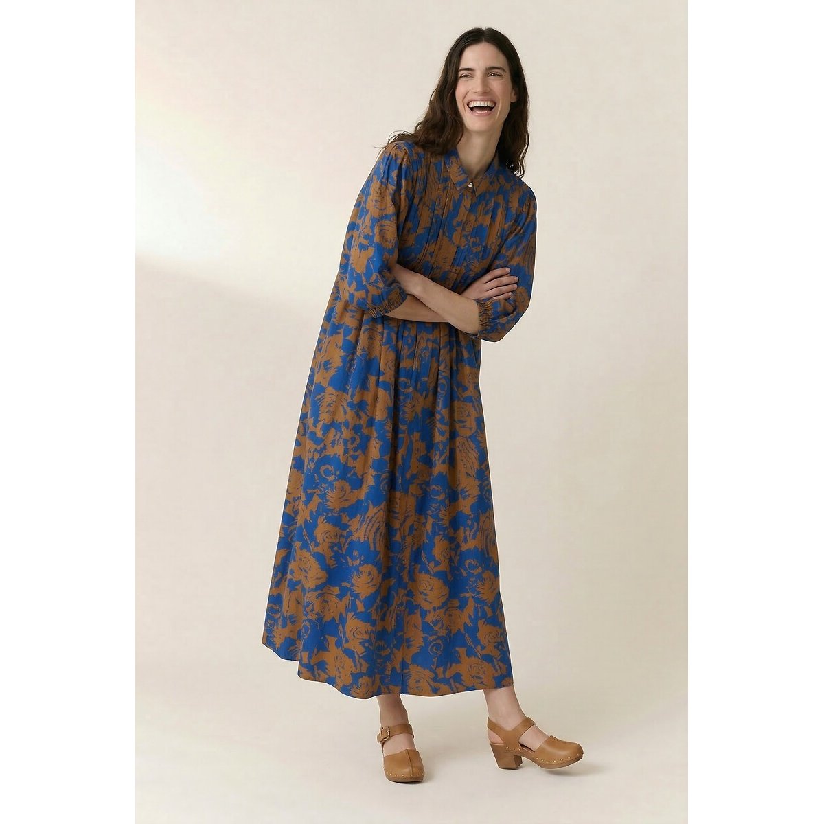 Robe chemise ample imprimé floral, ROCA imprimé bleu/caramel, LEON & HARPER