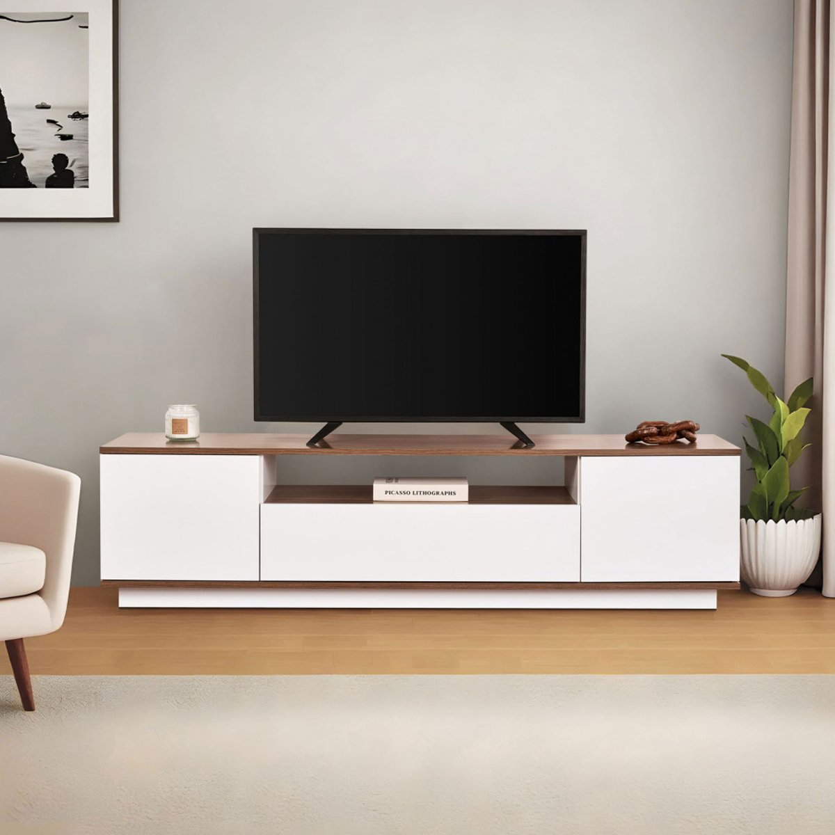 Meuble TV 3 portes en bois L180cm- FRITZ blanc, DRAWER