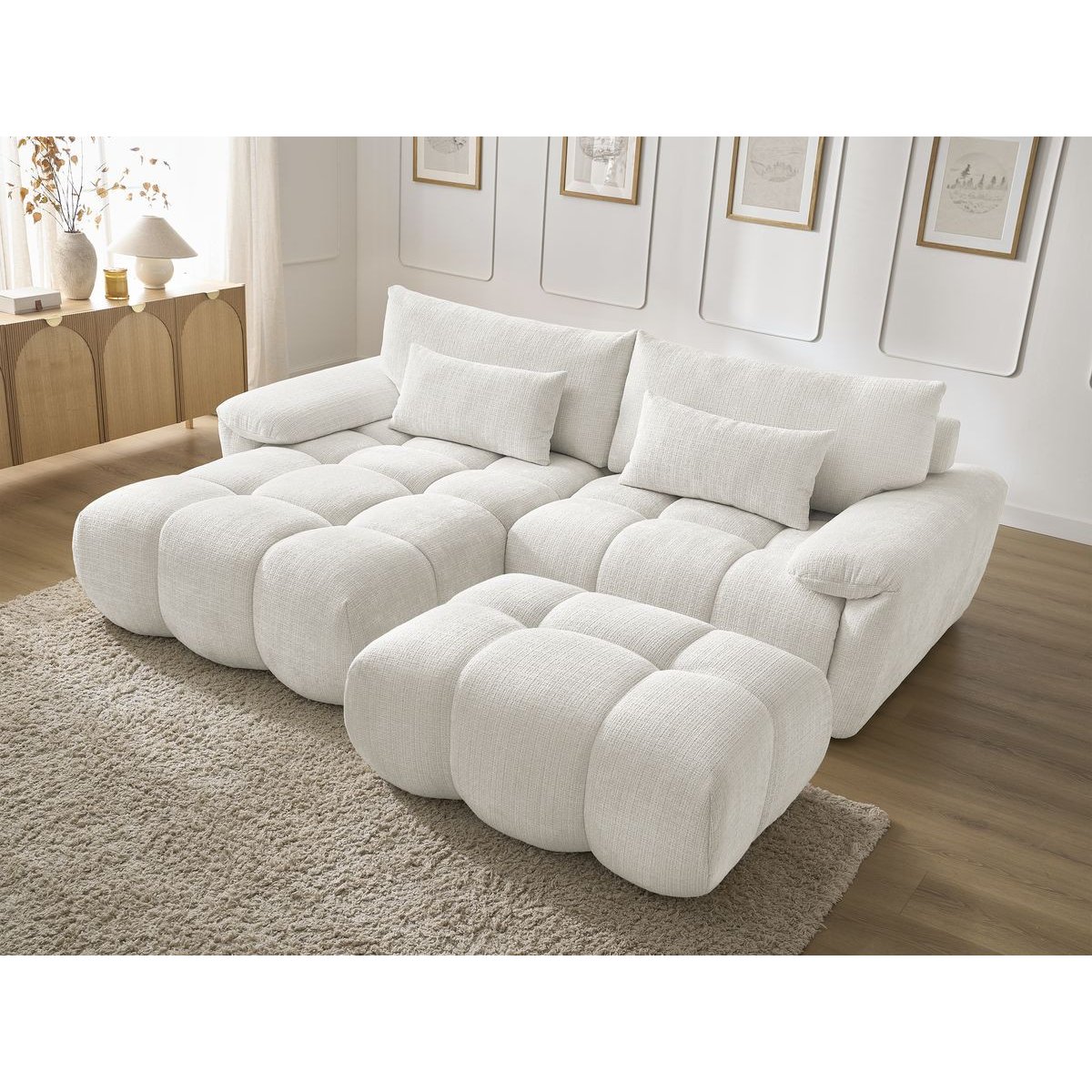 Canapé d'angle fixe 4 places en tissu texturé, IVANE blanc, BOBOCHIC