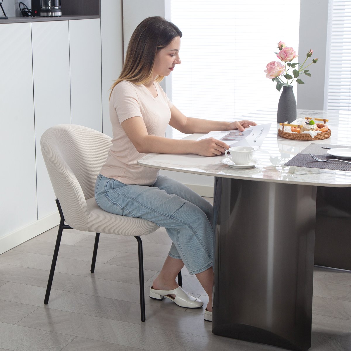Chaise de salle à manger Velours côtelé (70 % crème, HOMCOM