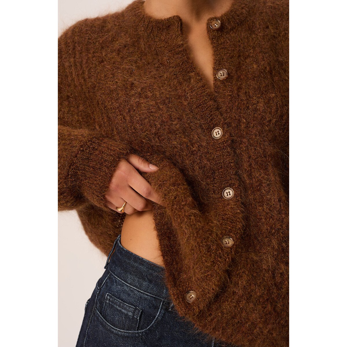 Strickjacke mit Rundhalsausschnitt aus Mohair-Mischgewebe, ALMA cognac, DES PETITS HAUTS