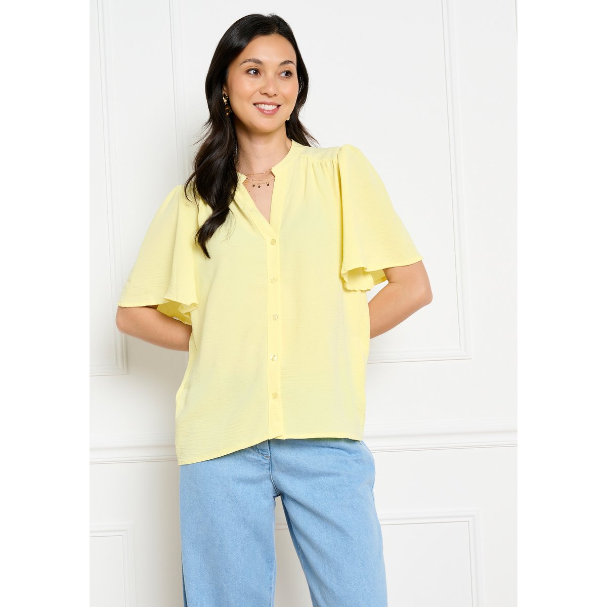 Blouse fluide col mao jaune pastel, LOLALIZA