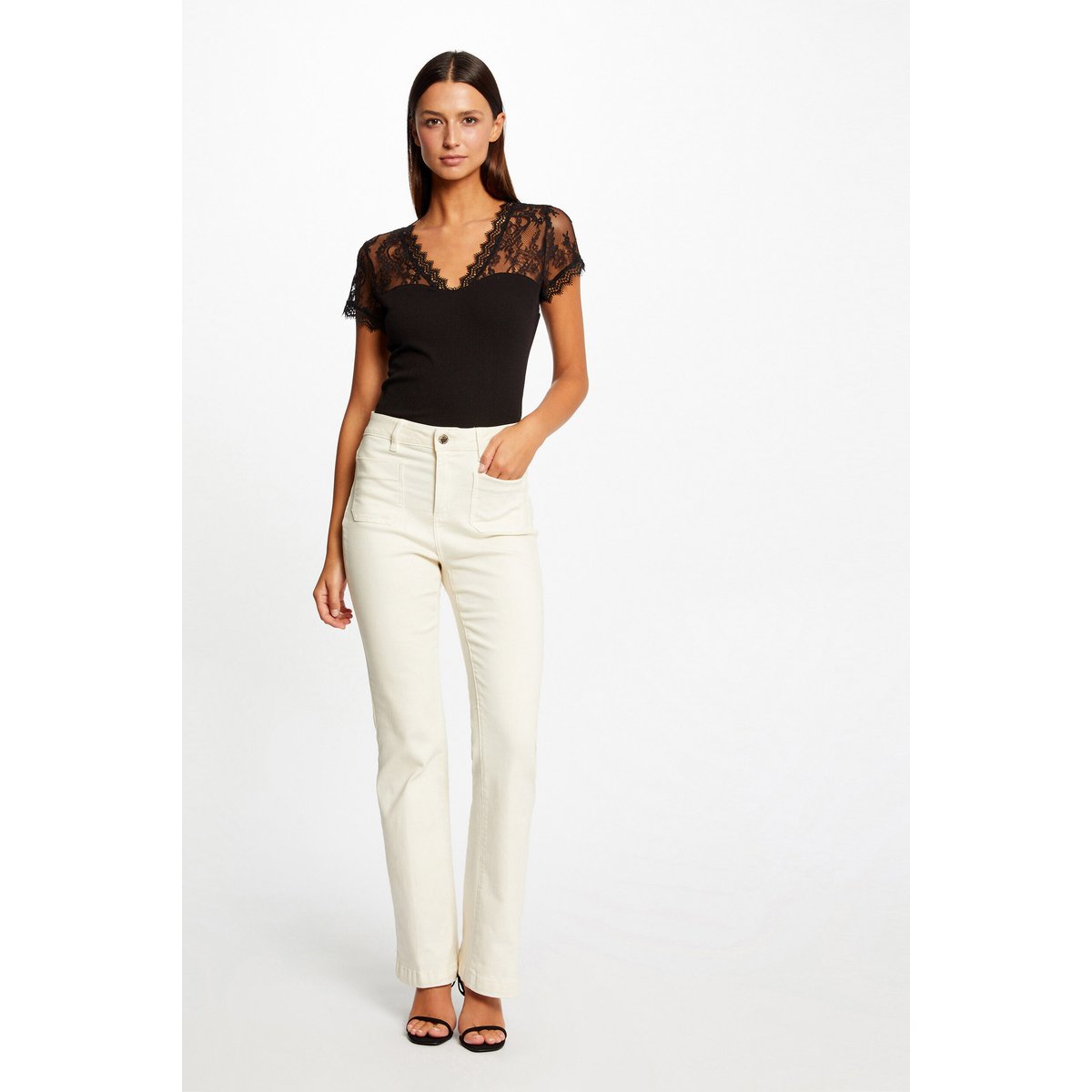 T-shirt manches courtes avec épaules en dentelle noir, MORGAN