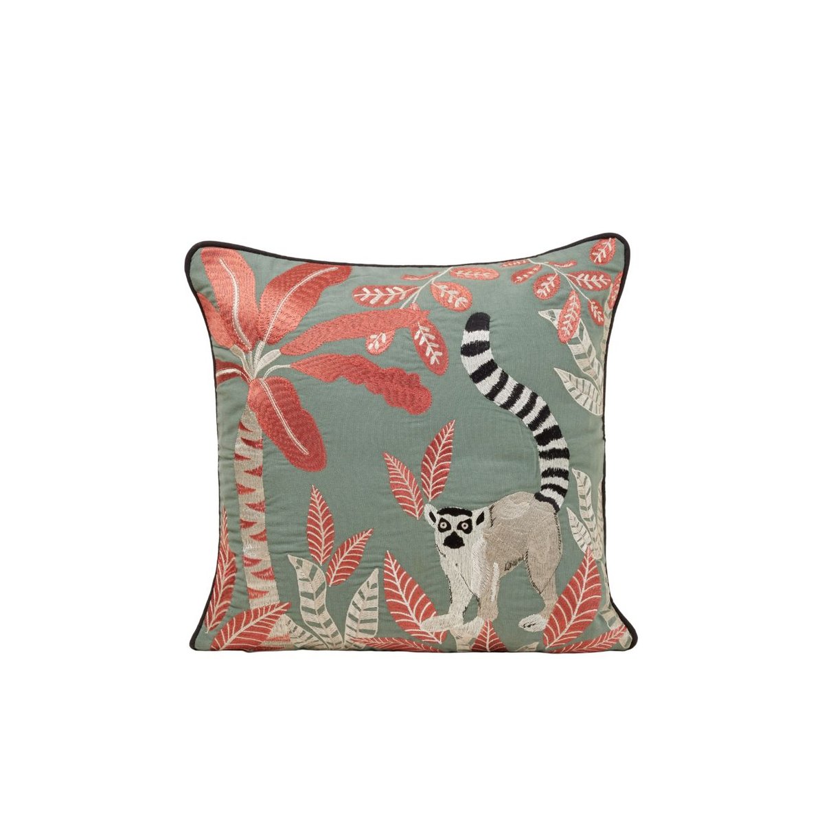 Housse De Coussin en Coton rebrodé d'un motif graphique MADAGASCAR vert et orangé, MADURA