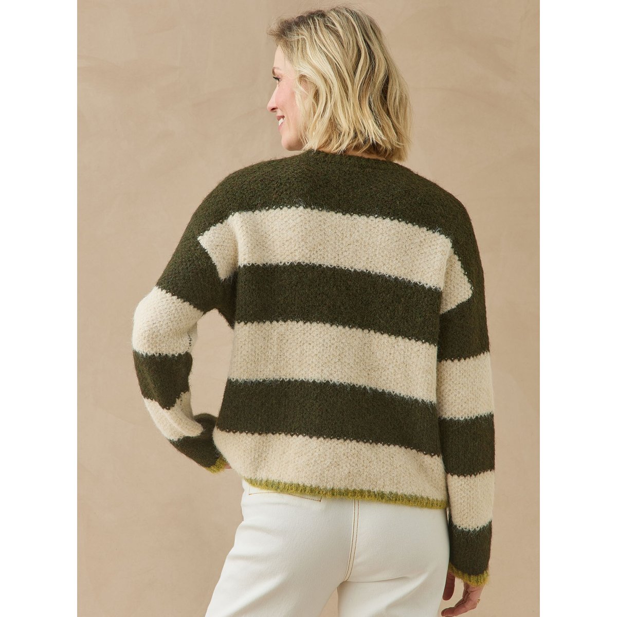 Pull court rayé col rond rayé kaki, DAXON