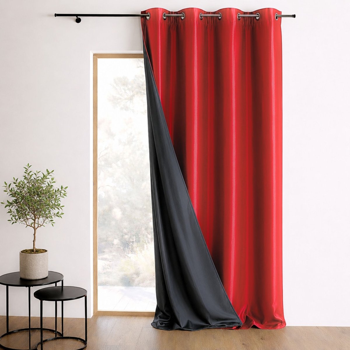 Rideau uni shantung 100% occultant 3 couches rouge orangé, HOME MAISON