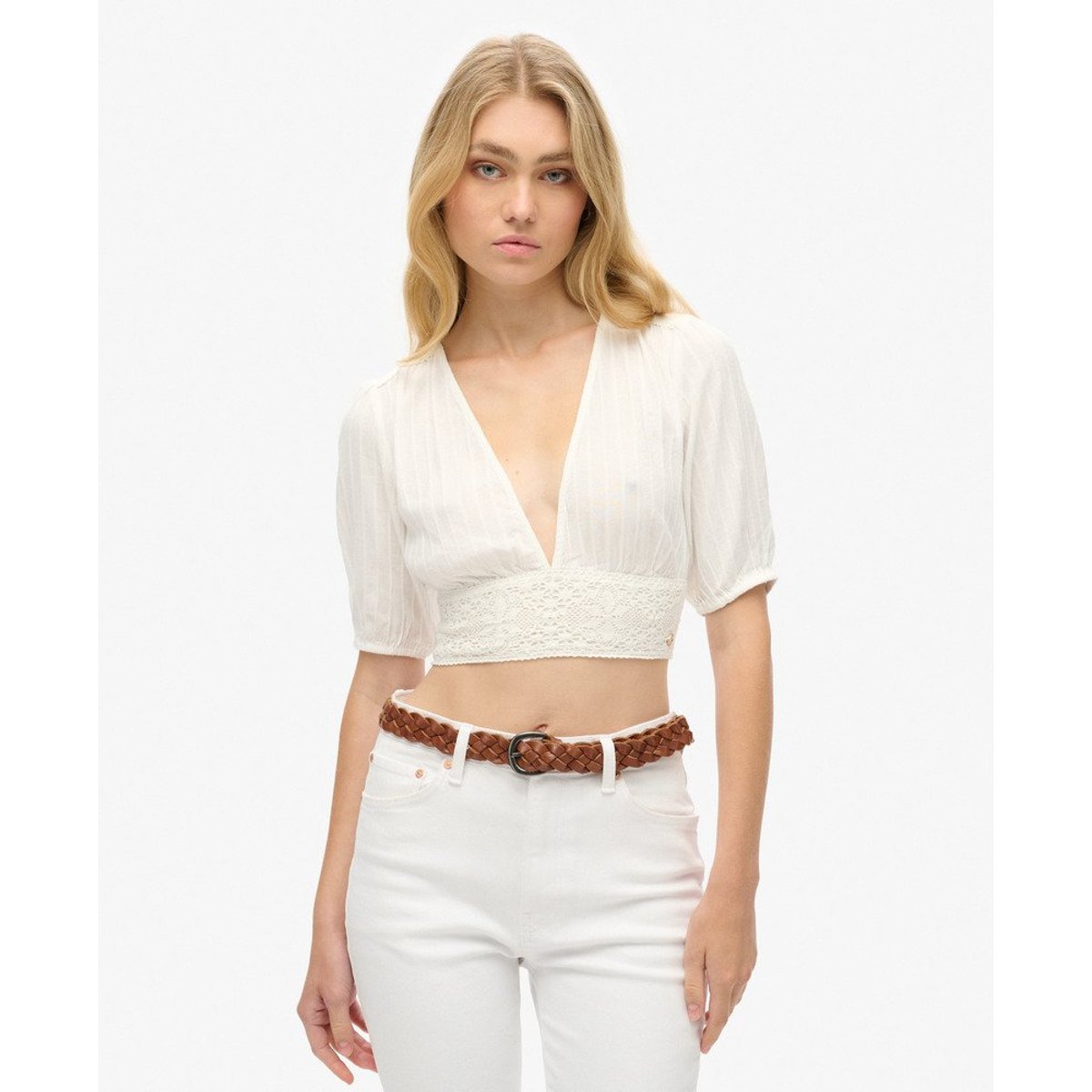 Haut à manches courtes et liseré en dentelle Ibiza blanc cassé, SUPERDRY