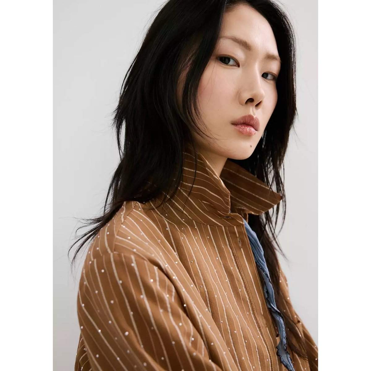 Chemise rayée avec détail strass marron, MANGO
