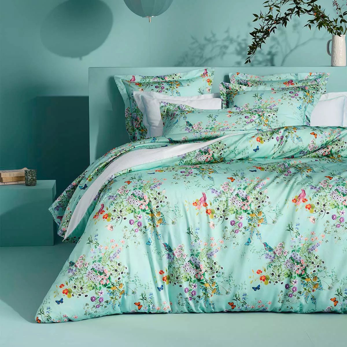 Taie d'oreiller satin de coton LE PRINTEMPS azur, GARNIER THIEBAUT