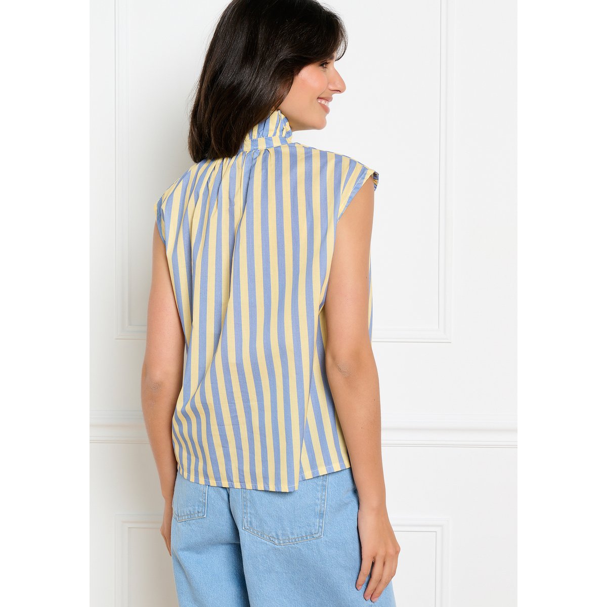 Chemise à rayures col volanté jaune pastel, LOLALIZA