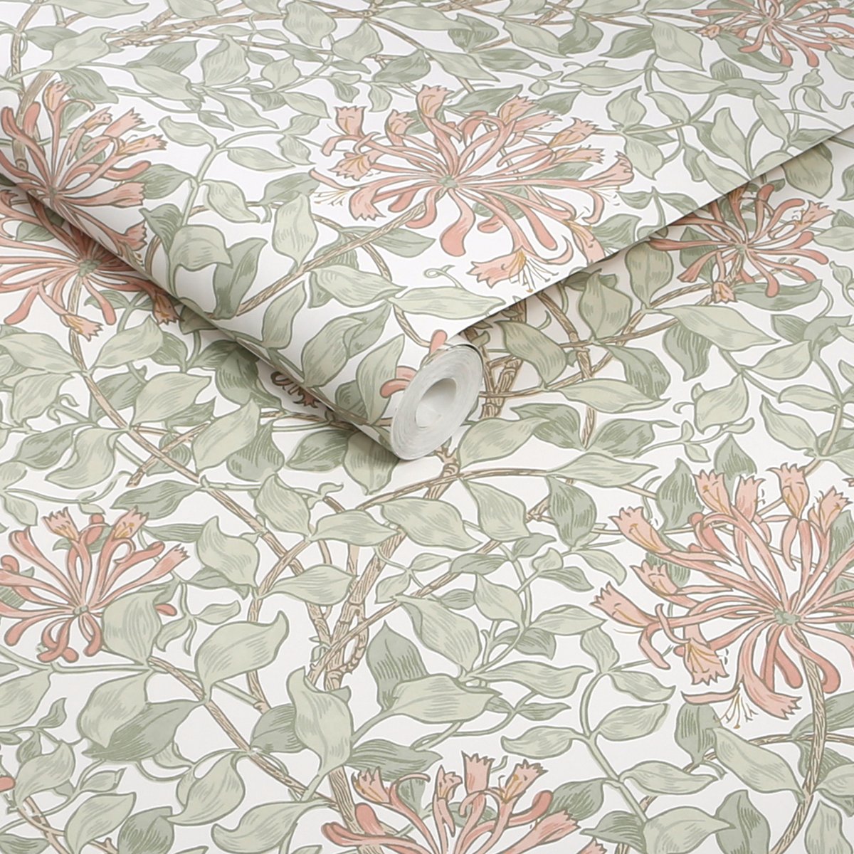 Papier peint Fleurs de chèvrefeuille au petit matin vert olive, rose pâle, WILLIAM MORRIS AT HOME
