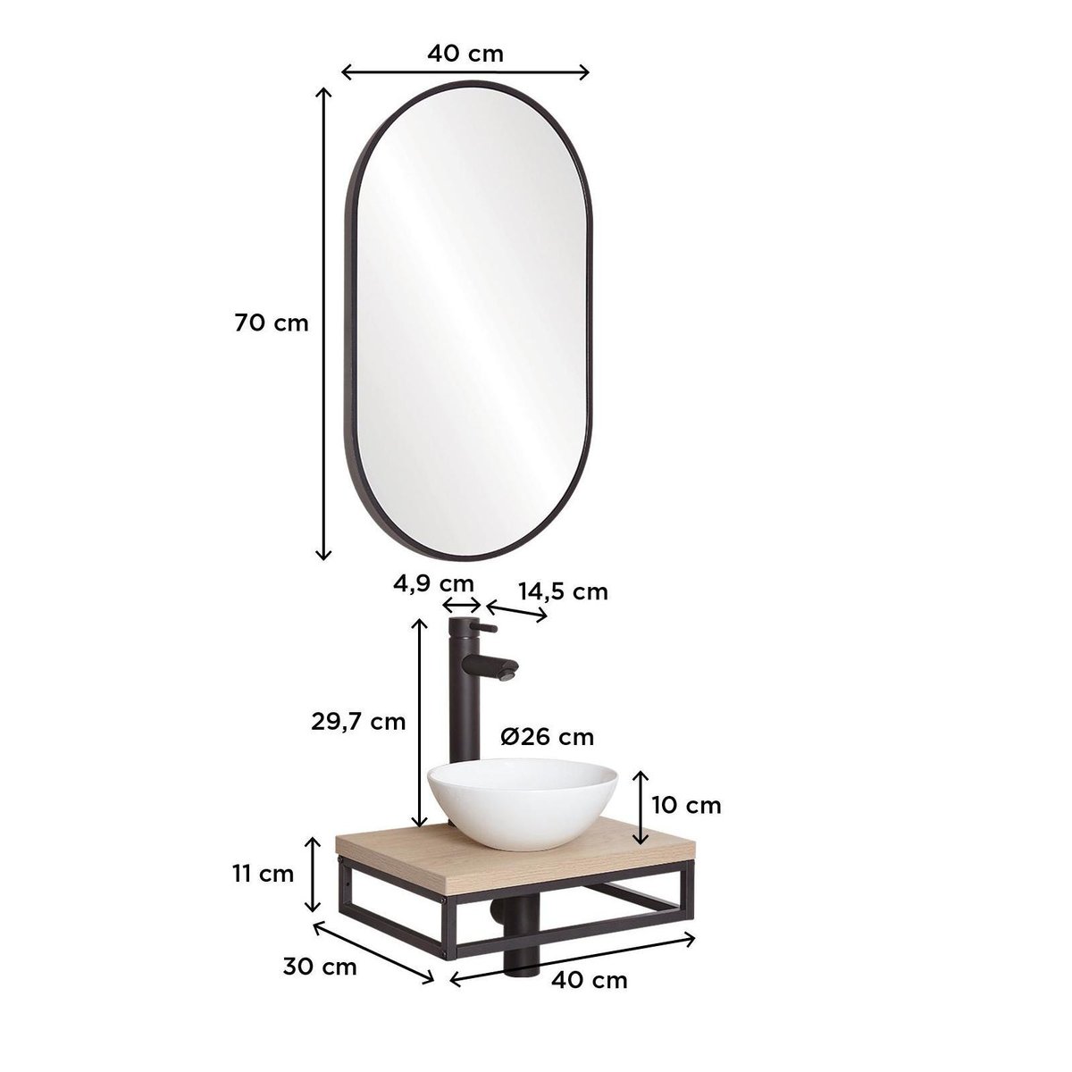 Lave-mains fin +vasque+robinet+miroir SOHO décor chêne, MOB IN