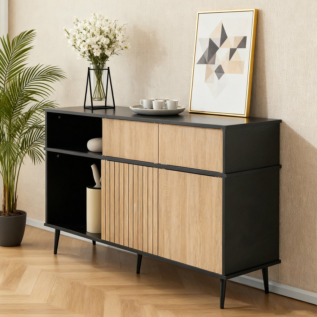 Buffet contemporain avec 4 portes coulissantes et 1 tiroir style contemporain, NOVAKF Buffet chêne, MEUBLES COSY