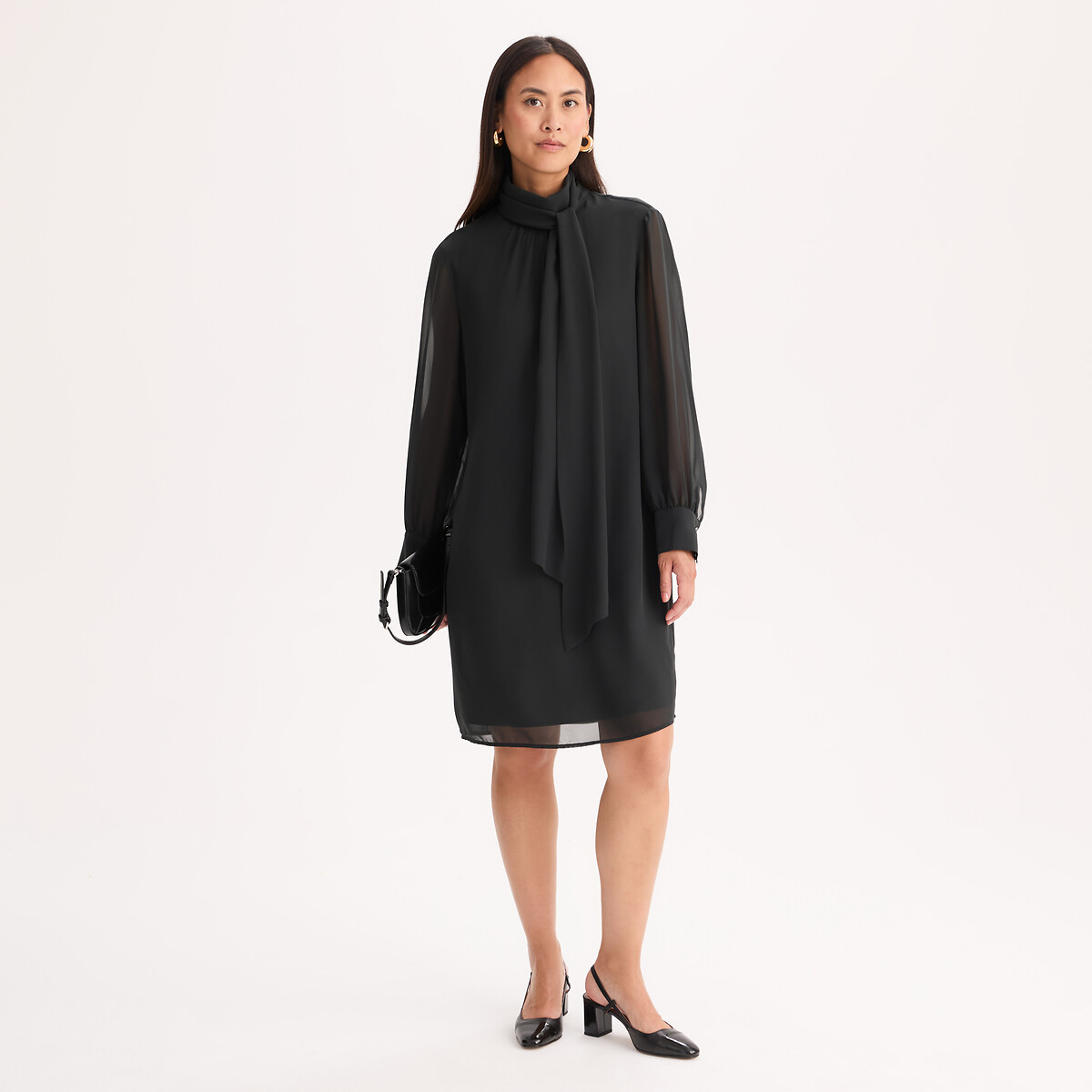 Robe à col lavallière, longueur genou, manches longues noir, ANNE WEYBURN
