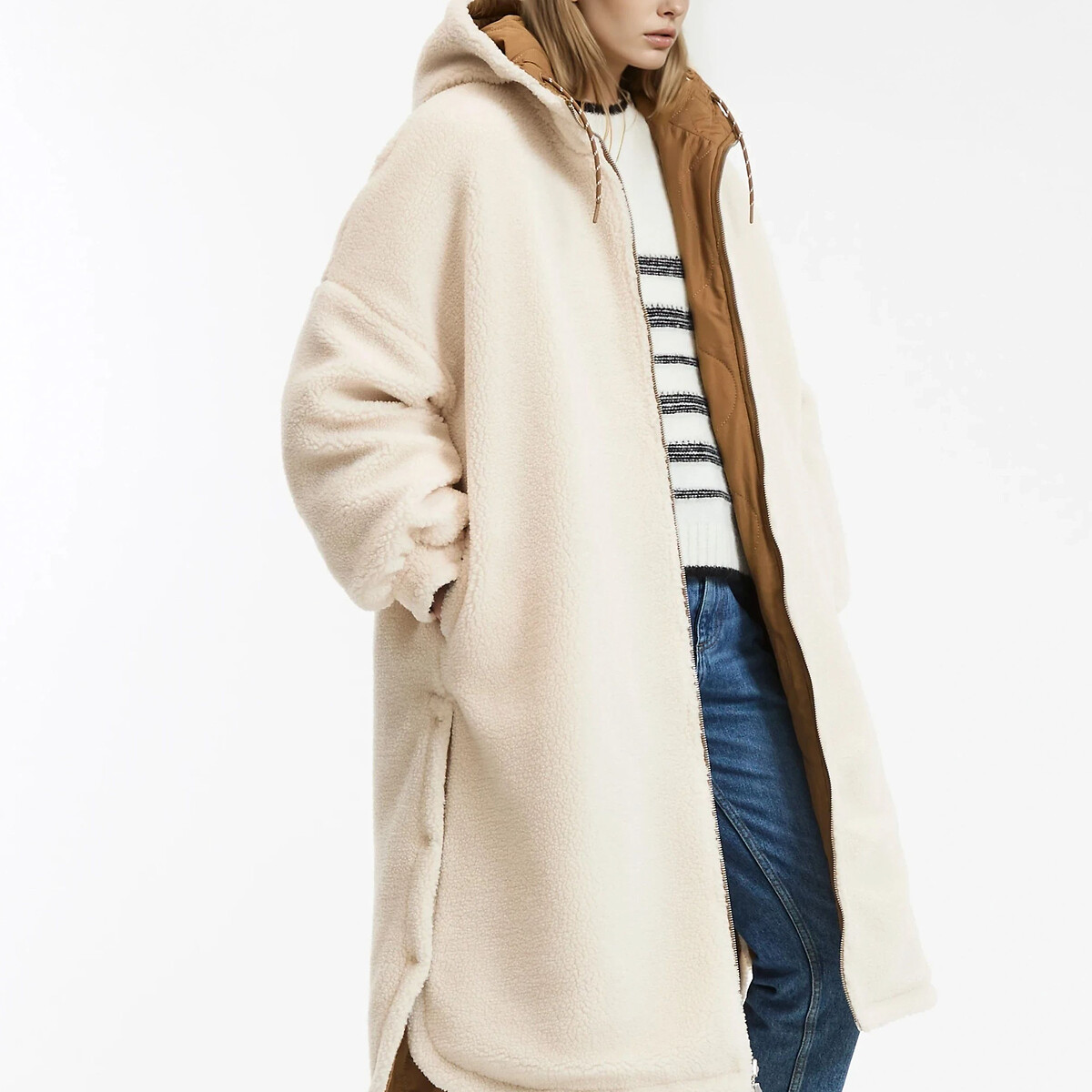 Reversible Sherpa Long Hooded Padded Jacket camel, LA REDOUTE COLLECTIONS