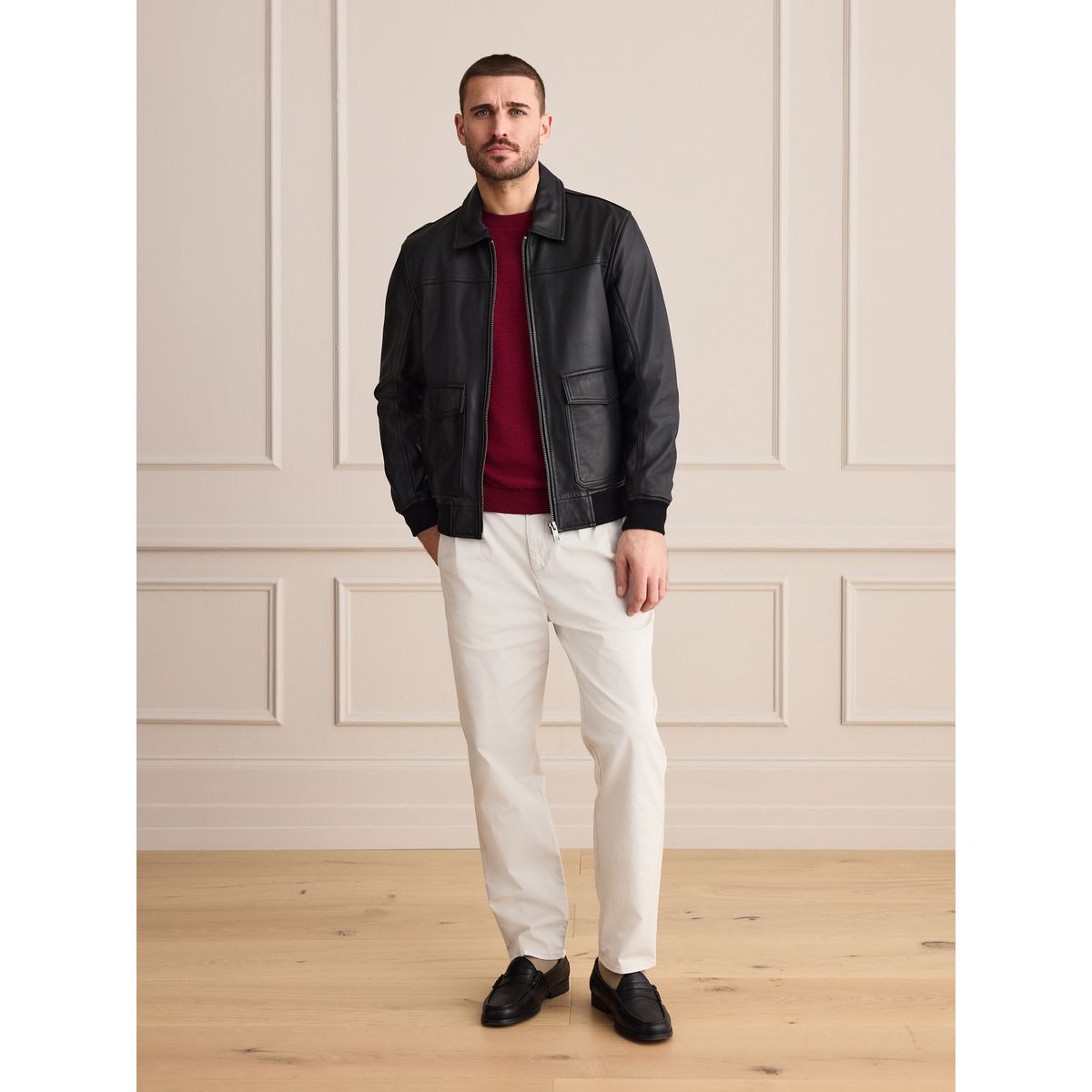 Veste en cuir avec poches plaquées signature noir, NEXT