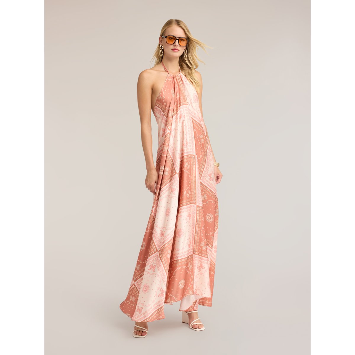 Robe longue évasée avec imprimé rose, MOTIVI