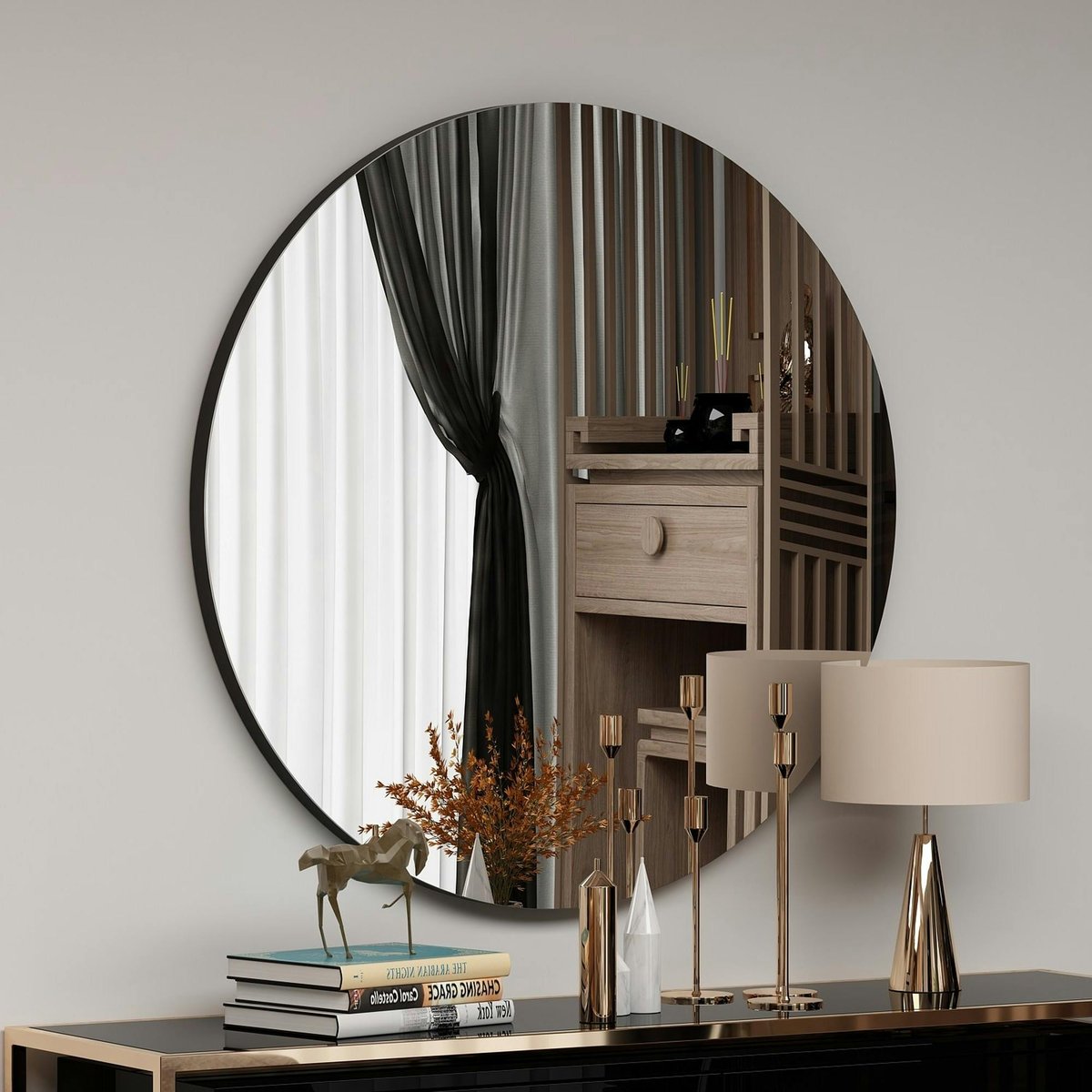 Miroir rond à bord noirØ70 cm - style moderne CODY noir, PIER IMPORT