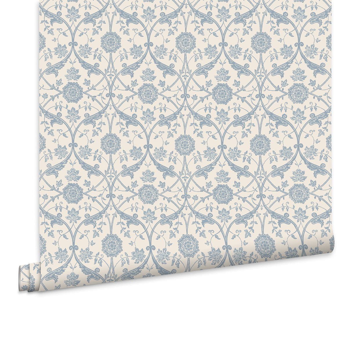 Papier peint damassé fleuri Endale bleu, crème, LAURA ASHLEY