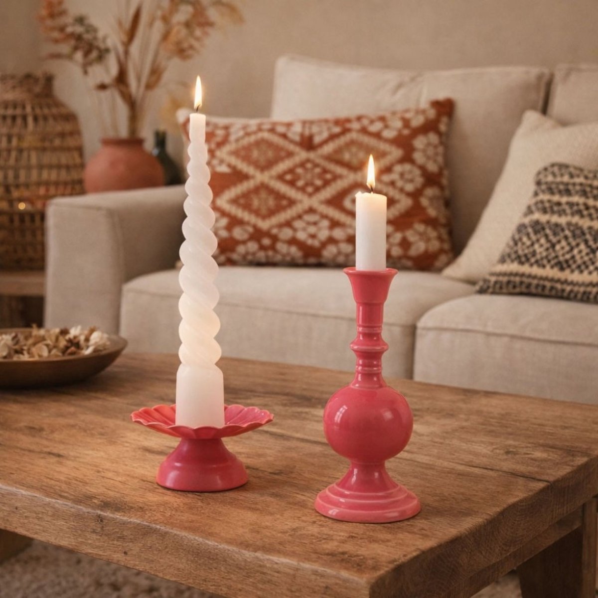 Bougeoir vintage en métal laqué 25cm rose, HASHTAG DECO