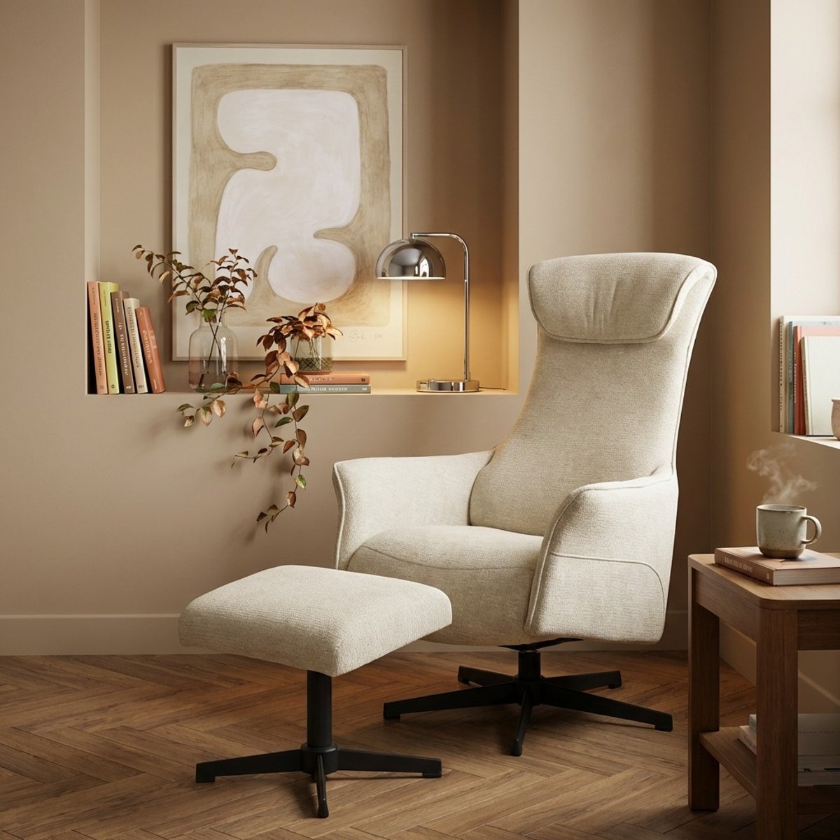 Fauteuil relax + repose-pieds tissu RIGEL beige, BAÏTA