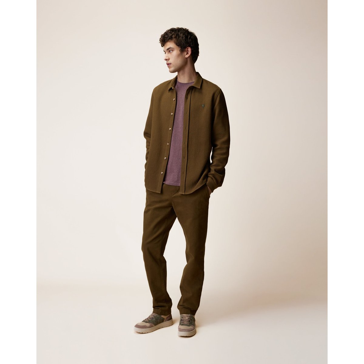 Pantalon élastique en tissu sergé vert olive foncé, FAGUO
