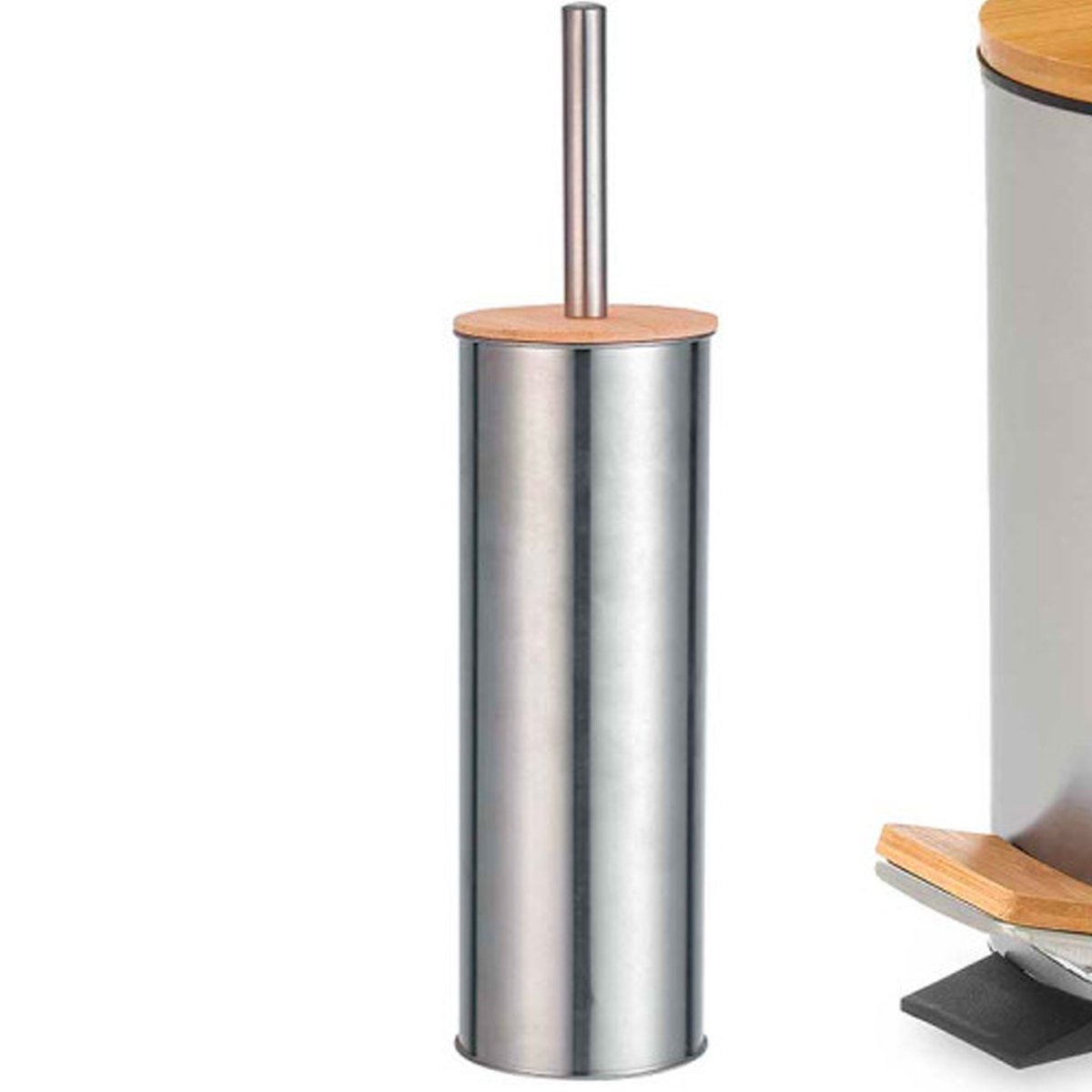 Poubelle salle de bain en métal chromé et bambou + brosse WC chrome/inox, WADIGA