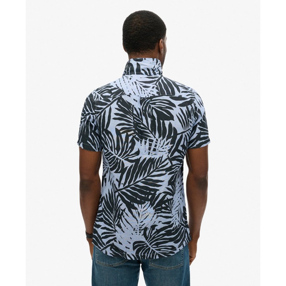 Chemise imprimée en lin à col ouvert imprimé bleu palmier philip, SUPERDRY