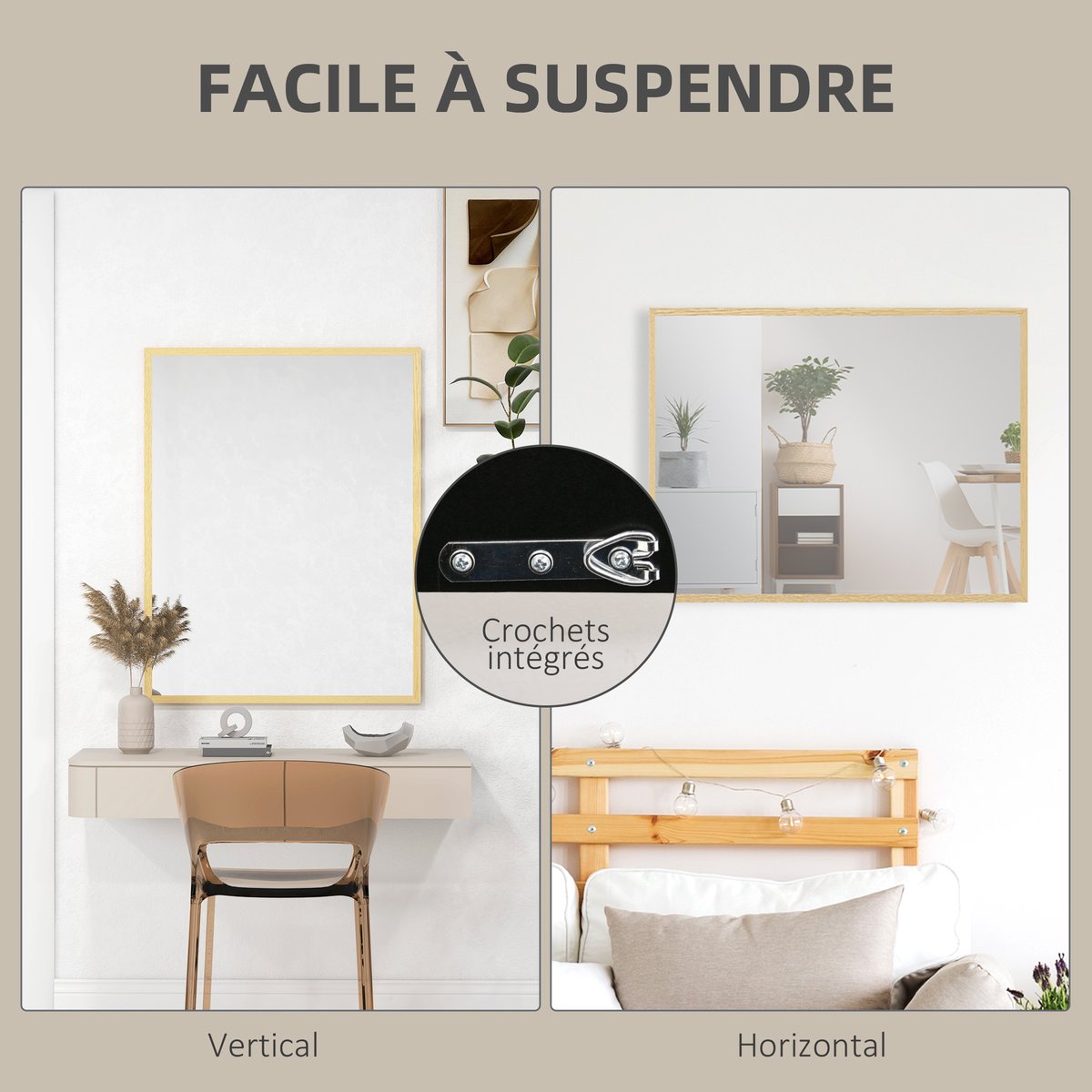 Miroir mural Verre Noir beige, HOMCOM