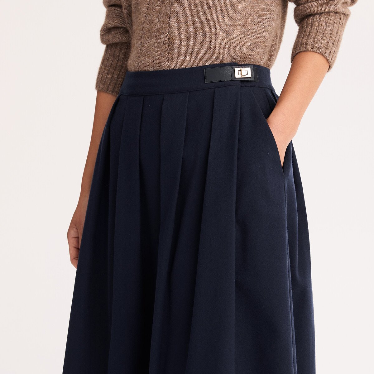 Jupe midi évasée, à plis, effet flanelle bleu marine, ANNE WEYBURN