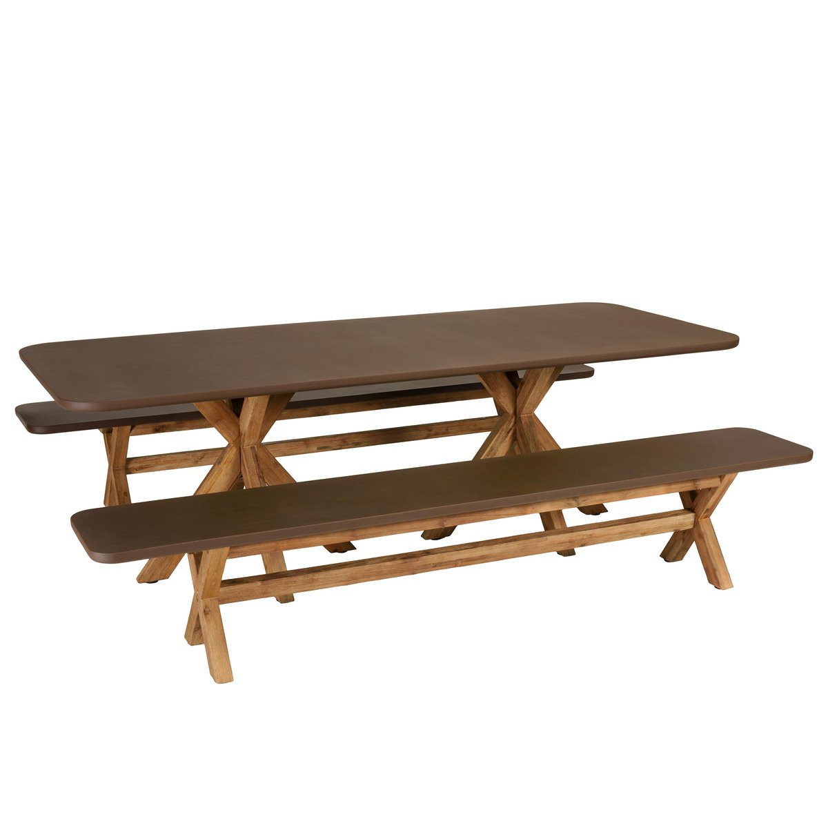 Ensemble table 240 cm et bancs effet béton marron pieds en bois d'acacia CALVI marron, PIER IMPORT