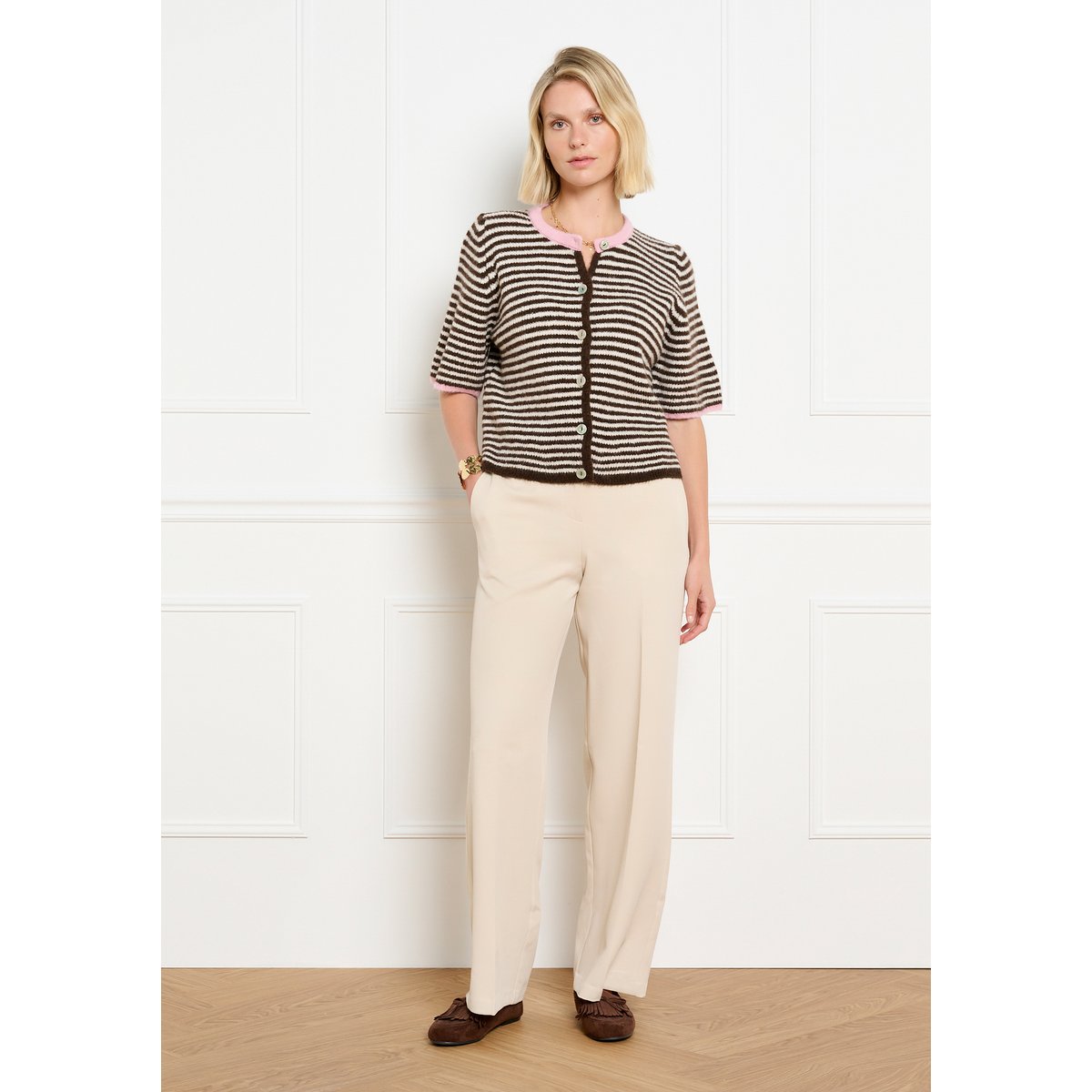 Gilet rayé maille douce rose bubblegum, LOLALIZA