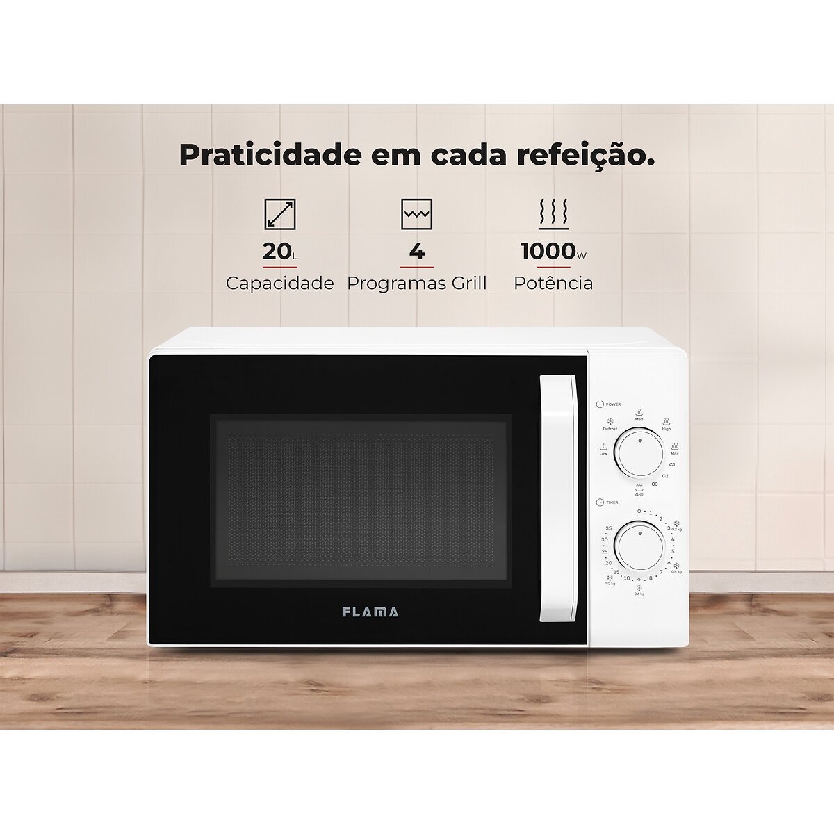 Micro-ondas 20L Com Grill Branco 1843FL, FLAMA branco, FLAMA