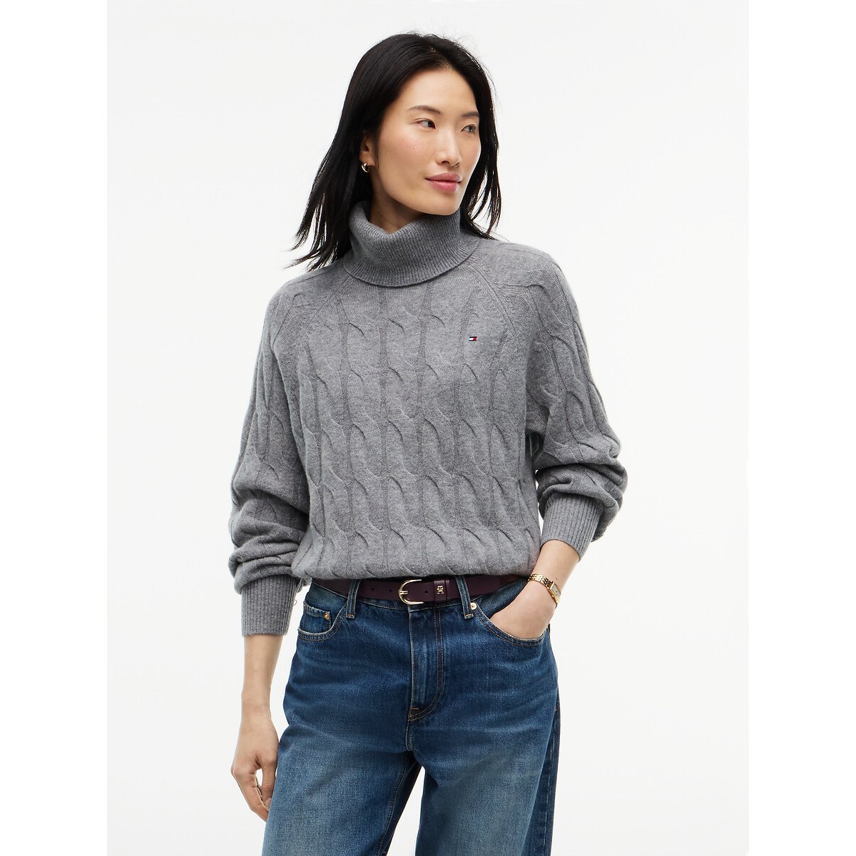 Pull torsadé à col roulé en laine gris chiné, TOMMY HILFIGER