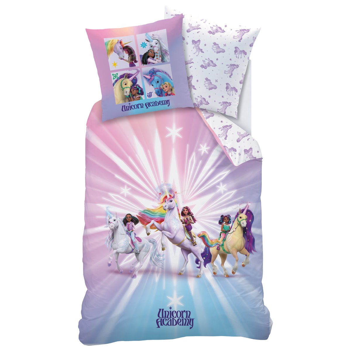 Parure de lit imprimée, UNICORN ACADEMY STARS violet, L'ECOLE DES LICORNES