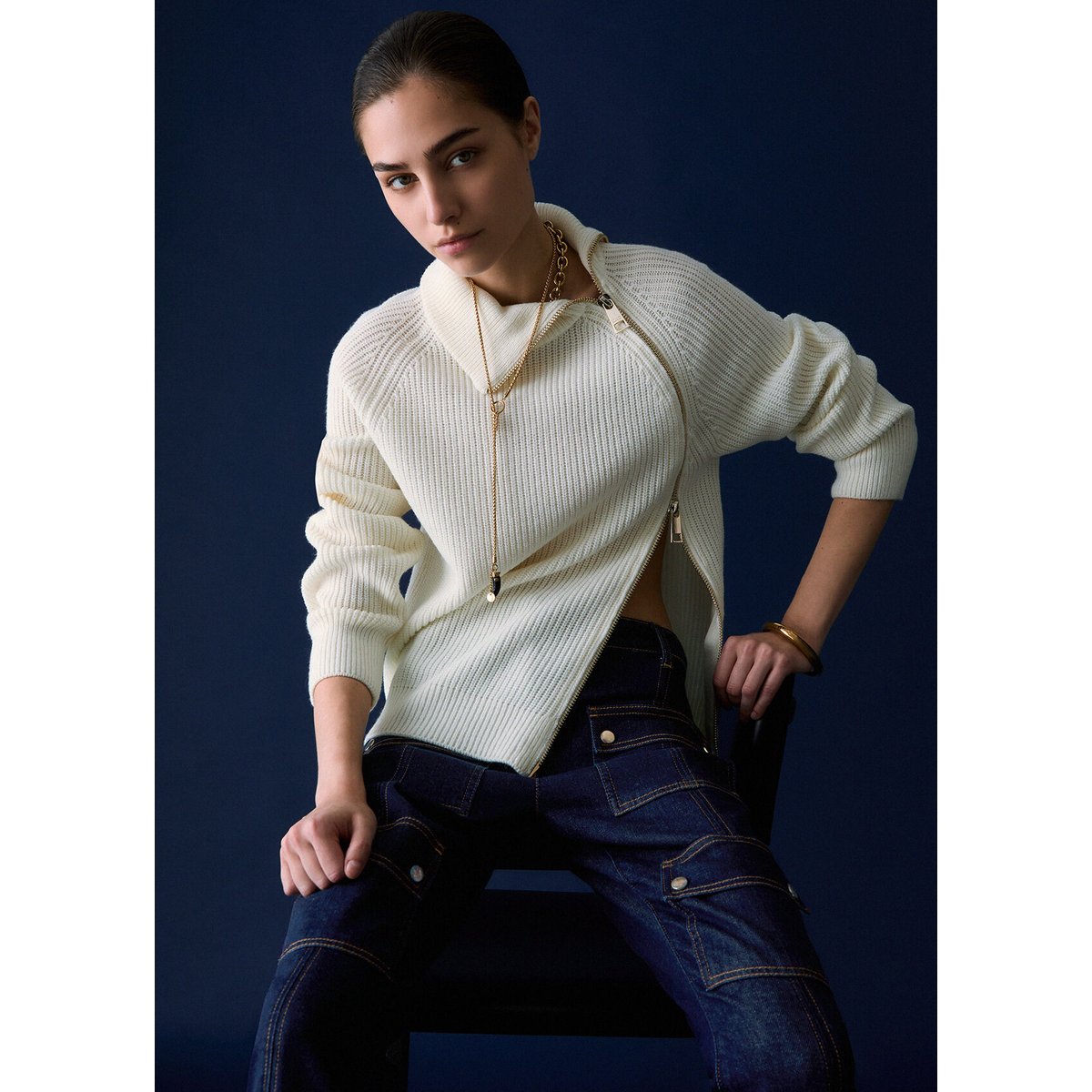 Pull en laine avec zip blanc laine, LIU JO