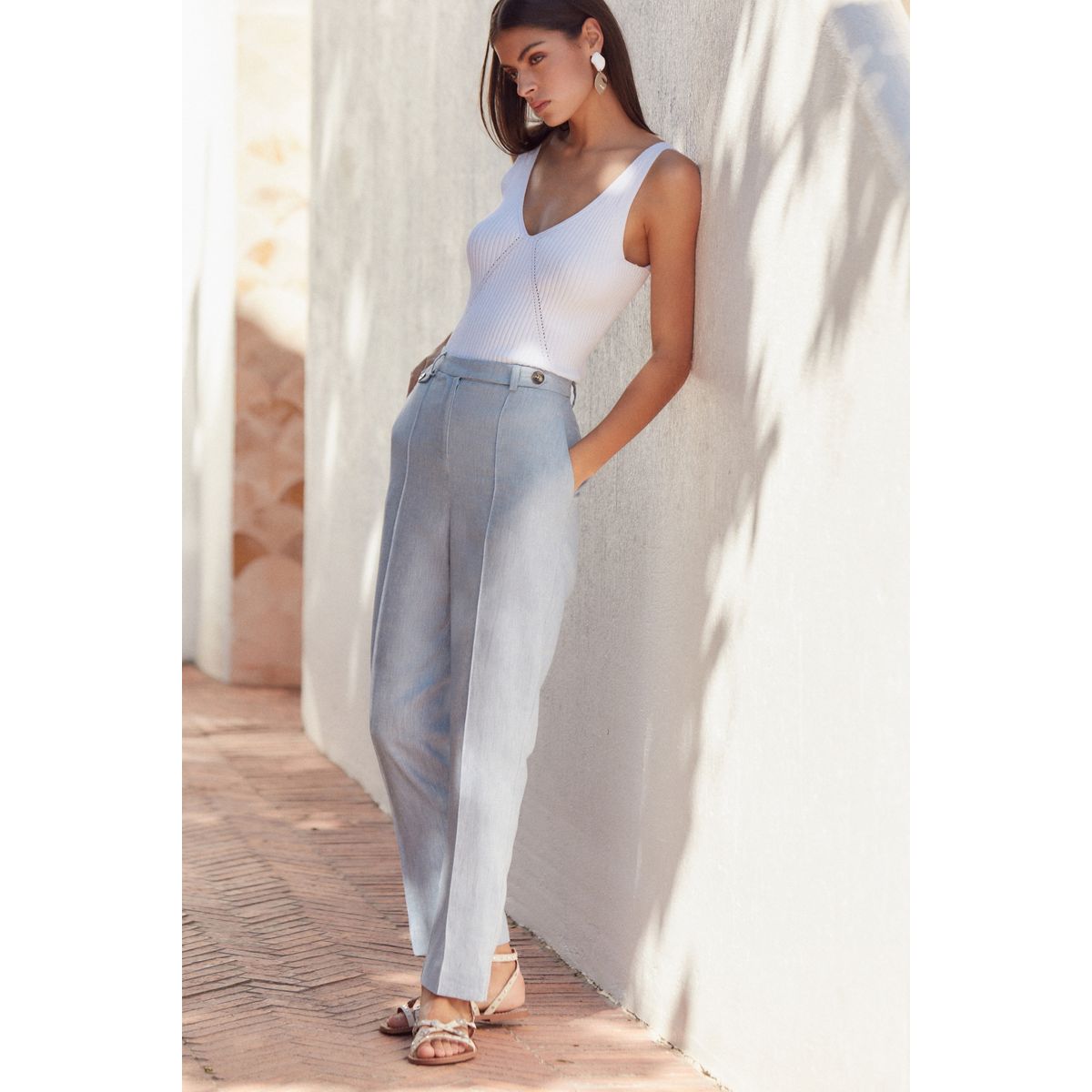 Pantalon fuselé texturé coupe classique bleu, NEXT