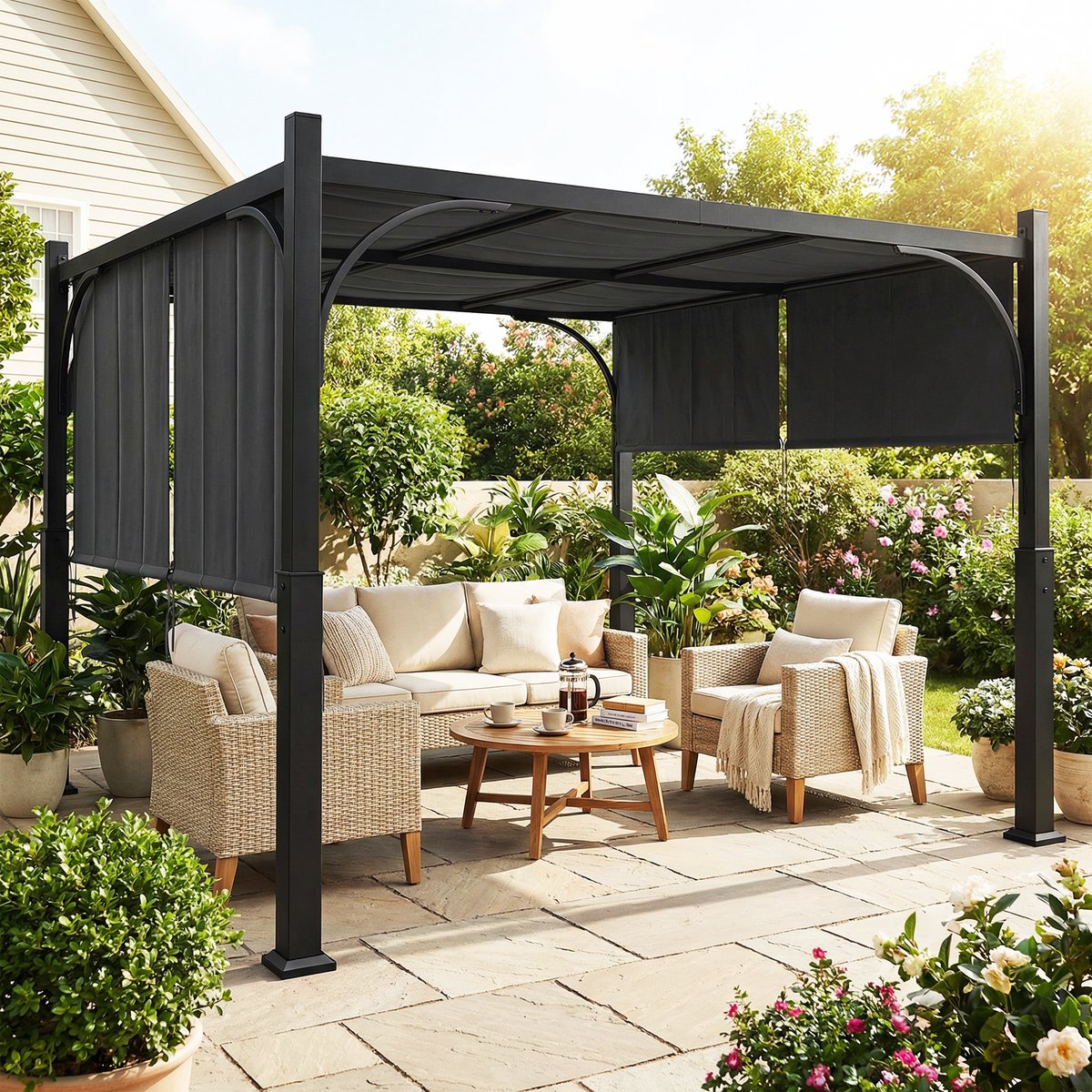 Pergola de jardin 3 x 3 m auvent coulissant métal galvanisé gris, OUTSUNNY